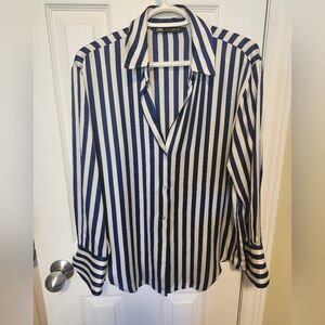 Zara Navy and White Vertical Stripe Button-Down Shirt